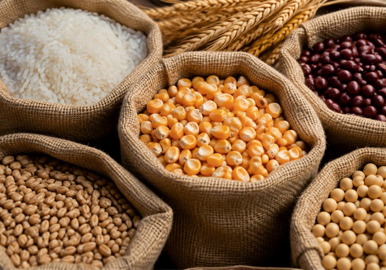 Illustrative image of rice, maize, beans and wheat in sacks