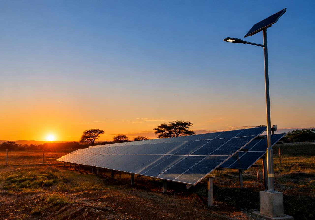 Illustrative image of solar panels and a solar street light at sunset