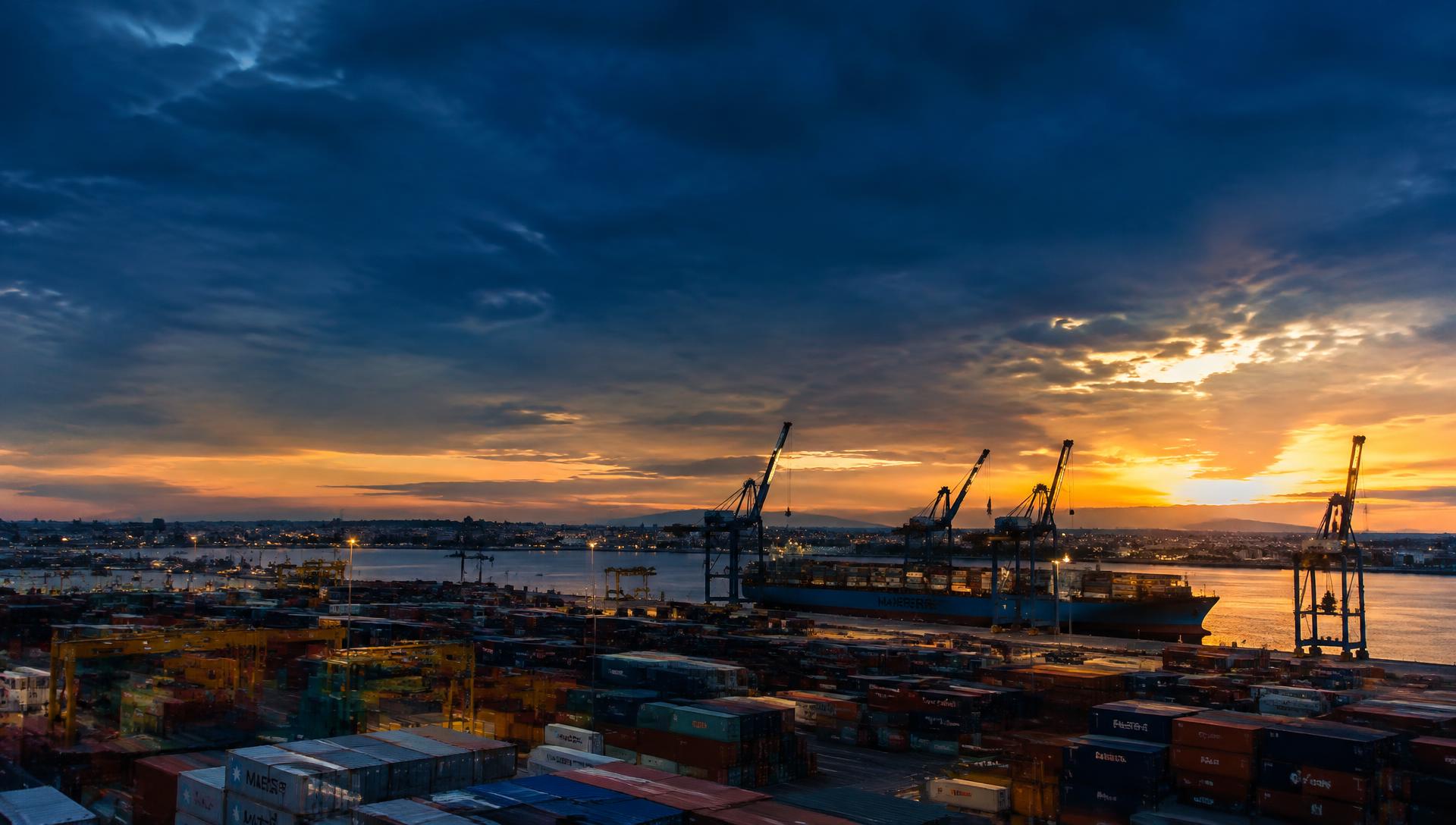 Illustrative image of a container port at dusk